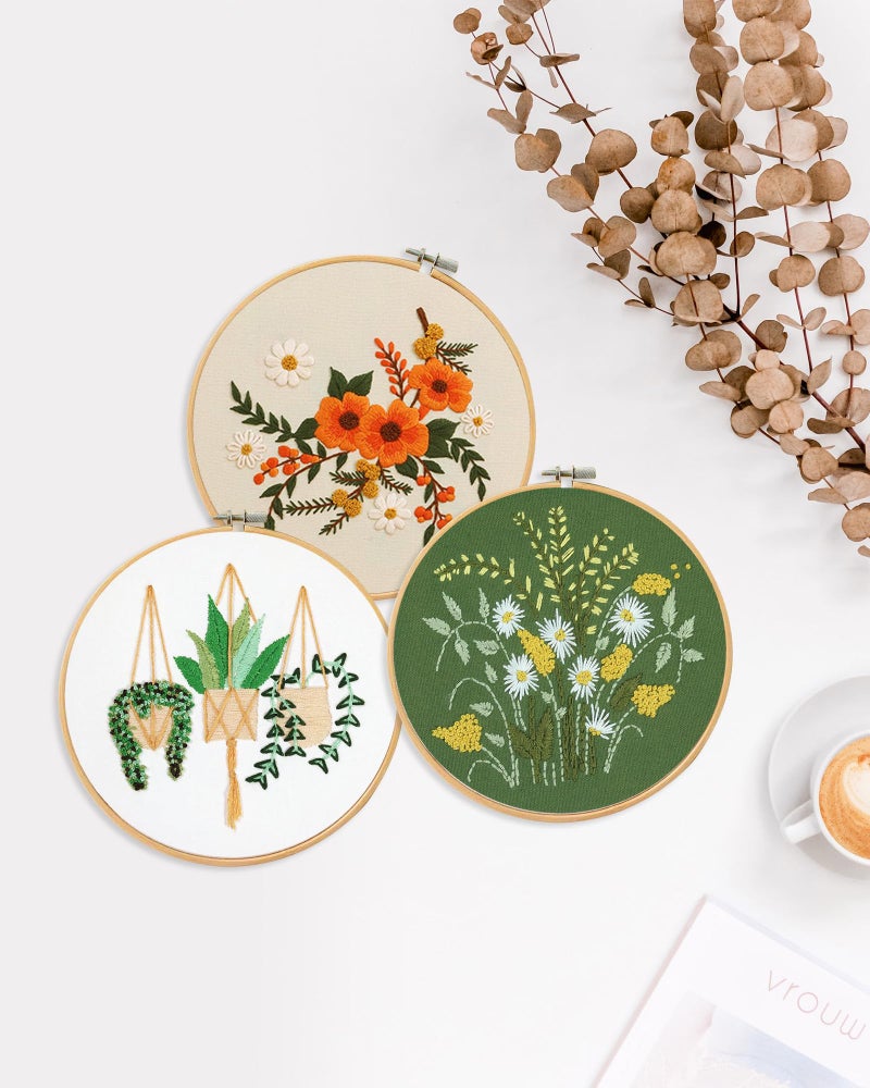 Santune 3 Sets Embroidery Kit for Beginners Needlepoint Cross Stitch Kits for Adults,Stitch Learning DIY Sets with Instruction Video,Stamped Floral Patterns,Hoop,Threads,Sewing Hobby - Image 3